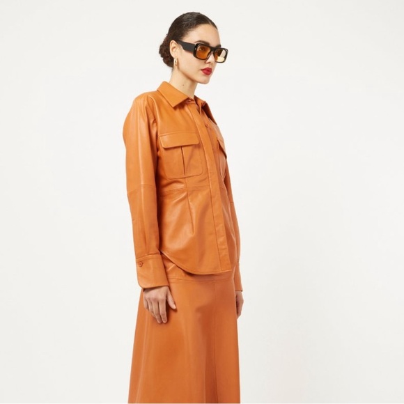 Equipment Ezekiel 100% Lamb Leather Shirt Jacket Womens 2 Tan Shacket NWT - Picture 2 of 11